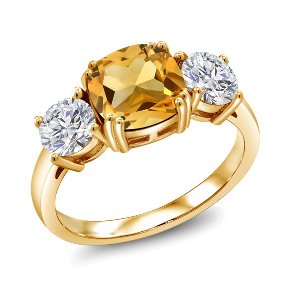 Gem Stone King 18K Yellow Gold Plated Silver Yellow Citrine and Lab Grown Diamond Engagement Ring for Women | 3.00 Cttw | Cushion 8MM | Gemstone November Birthstone | Size 9