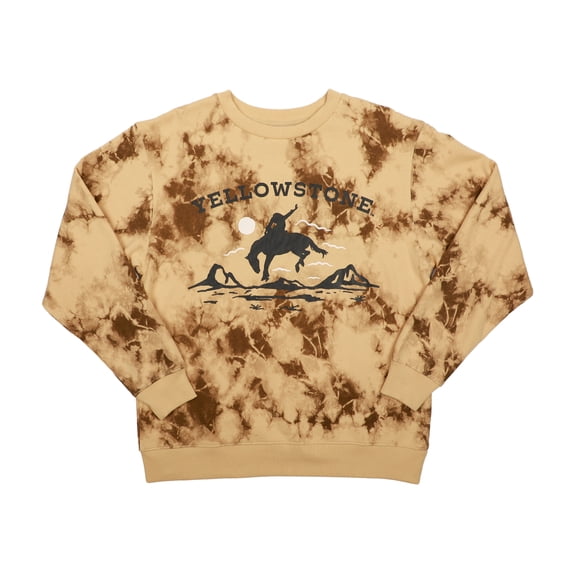 Yellowstone Bucking Horse Logo Crew Neck Short Sleeve Tan Faux Wash Women's Oversized Pullover Sweatshirt Medium