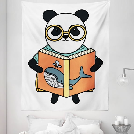 Bears Tapestry, Panda with Glasses Reading a Book About Whales Knowledge Illustration, Fabric Wall Hanging Decor for Bedroom Living Room Dorm, 5 Sizes, White Dark Peach, by Ambesonne