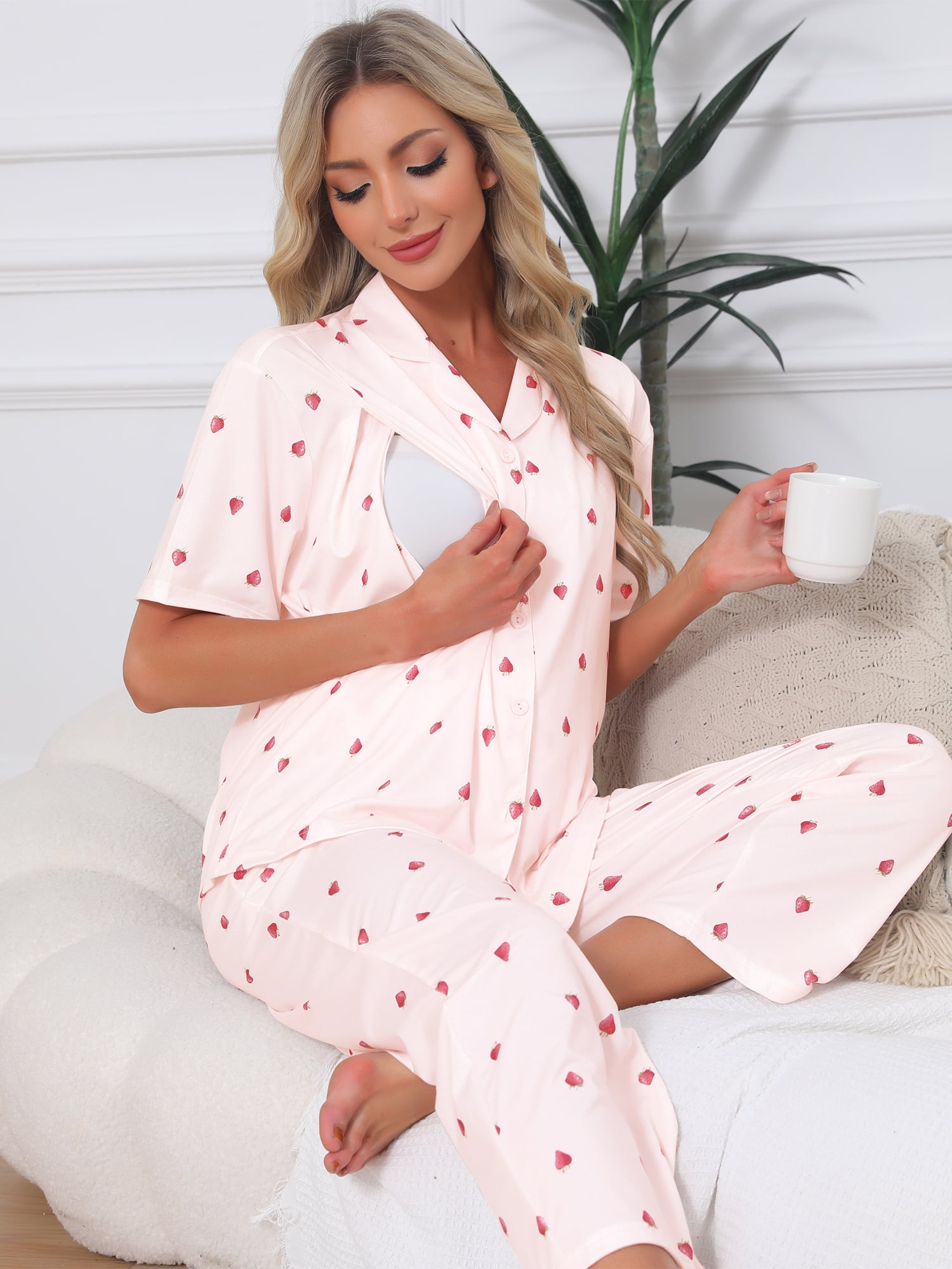 DARING DIVA Women's Maternity Nursing Pajama Sets Breastfeeding Button Down M Pink