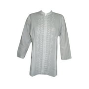 Mogul Women's White Tunic Top Ethnic Embroidered Button Front Kurti Blouse Shirt M