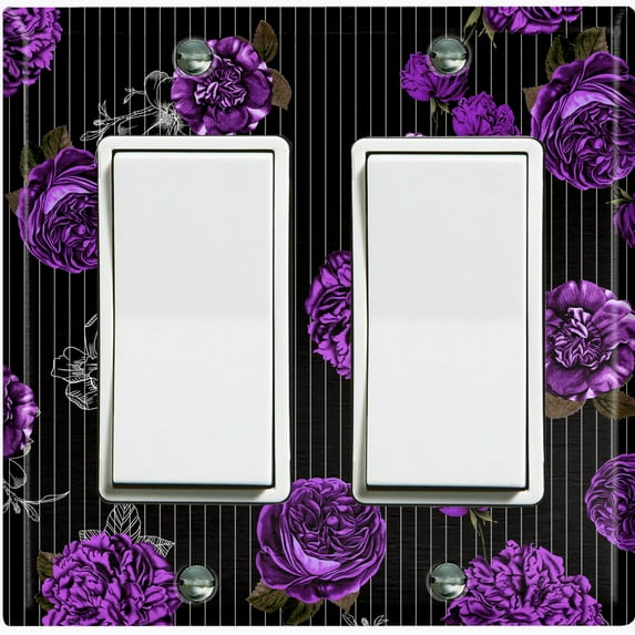 Metal Light Switch Plate Outlet Cover Dark Purple Roses Black Pinstripe Wallpaper ROS044