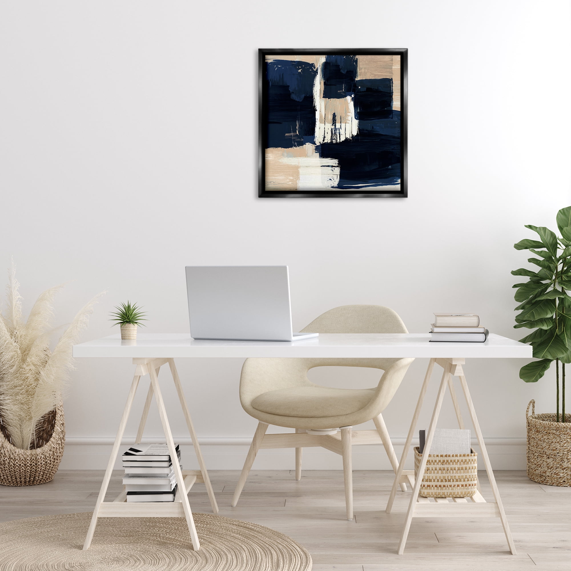 Stupell Industries Restless Blue & Tan Shapes Abstract Painting Black Floater Framed Canvas Art Print Wall Art, 25 x 25