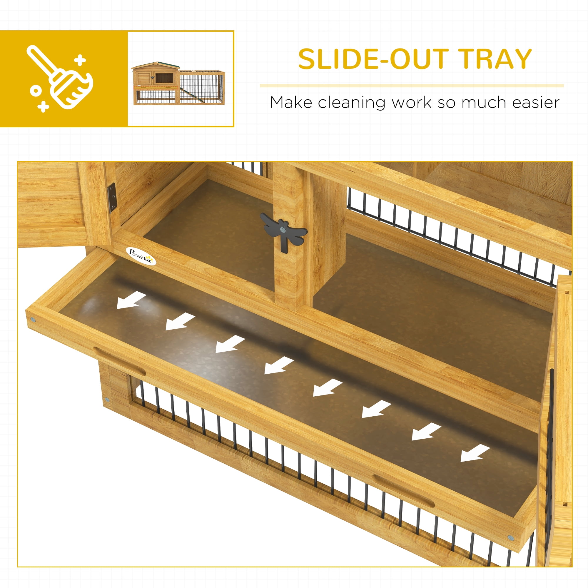 2 Levels Outdoor Rabbit Hutch with Openable Top, 59" Wooden Large Rabbit Cage with Run Weatherproof Roof, Removable Tray, Ramp, Yellow