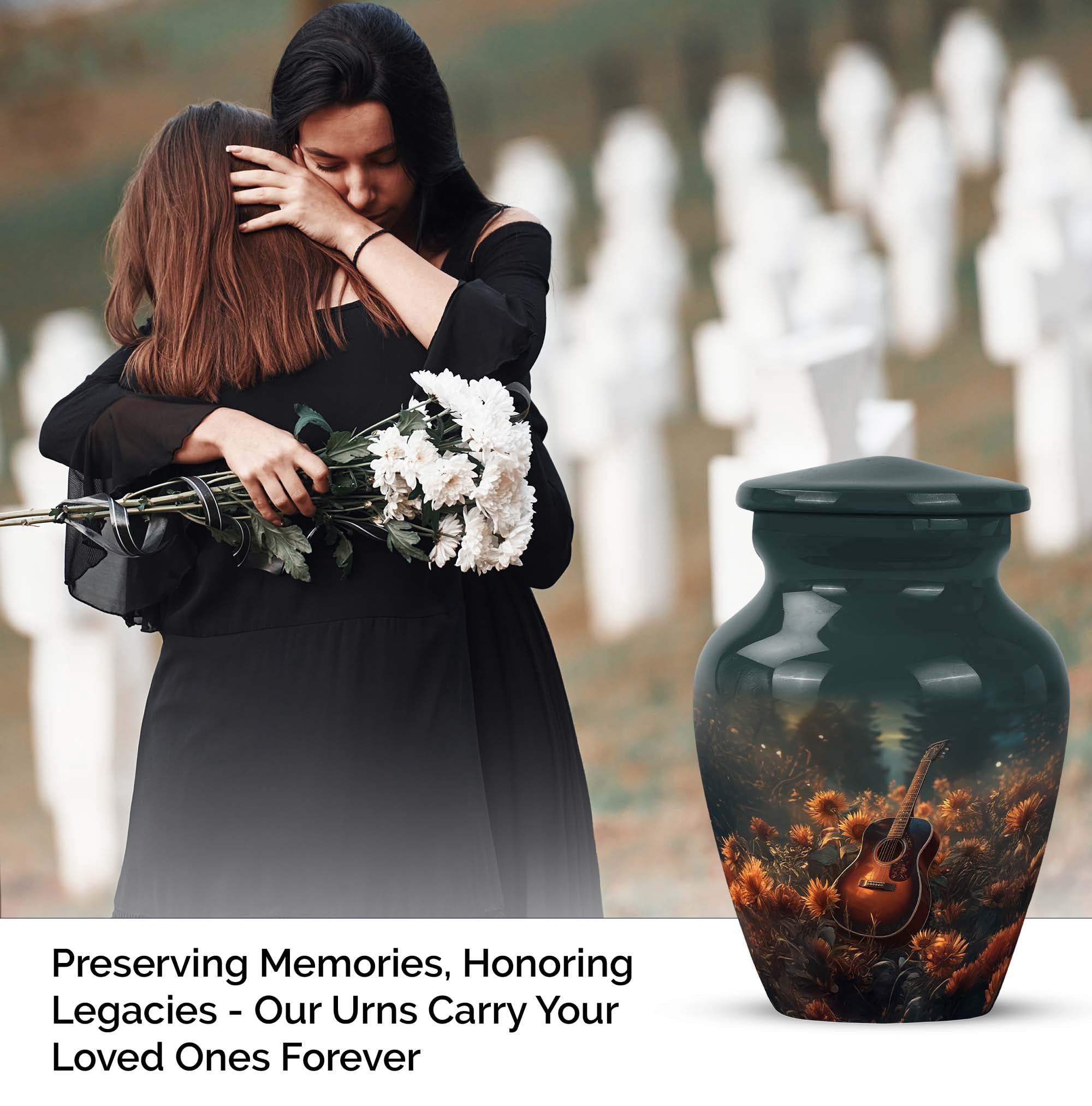 Guitar Funeral Urns For Human Ashes Adult Mom And Dad - Green Cremation Urn For Human Ashes Adult Female And Male - Sunflower Keepsake Urns For Grandmother 10 Inch, 1 Large & Mini Set 4, 3 Inch