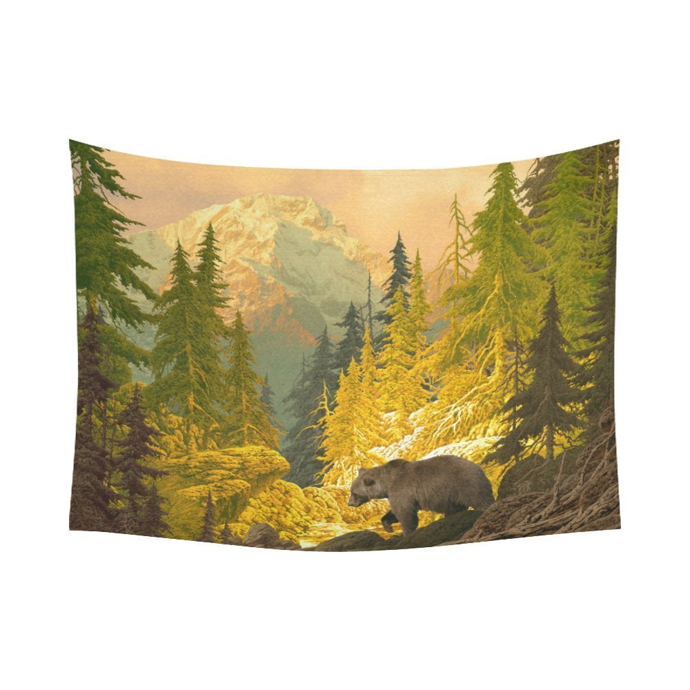 Gckg Grizzly Brown Bear Wild Animal Tapestry Horizontal Wall Hanging Rocky Mountain Forest Tree Sunset Wall Decor Art For Living Room Bedroom Dorm Cotton Linen Decoration 80 X 60 Inches Walmart Com
