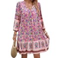 thumbnail image 3 of Vestido Informal de y Verano para Mujer, Cuello en V, Larga 3/4, Estampado Floral, Estilo Bohemio, Minivestido Corto. Rosa L, 3 of 10