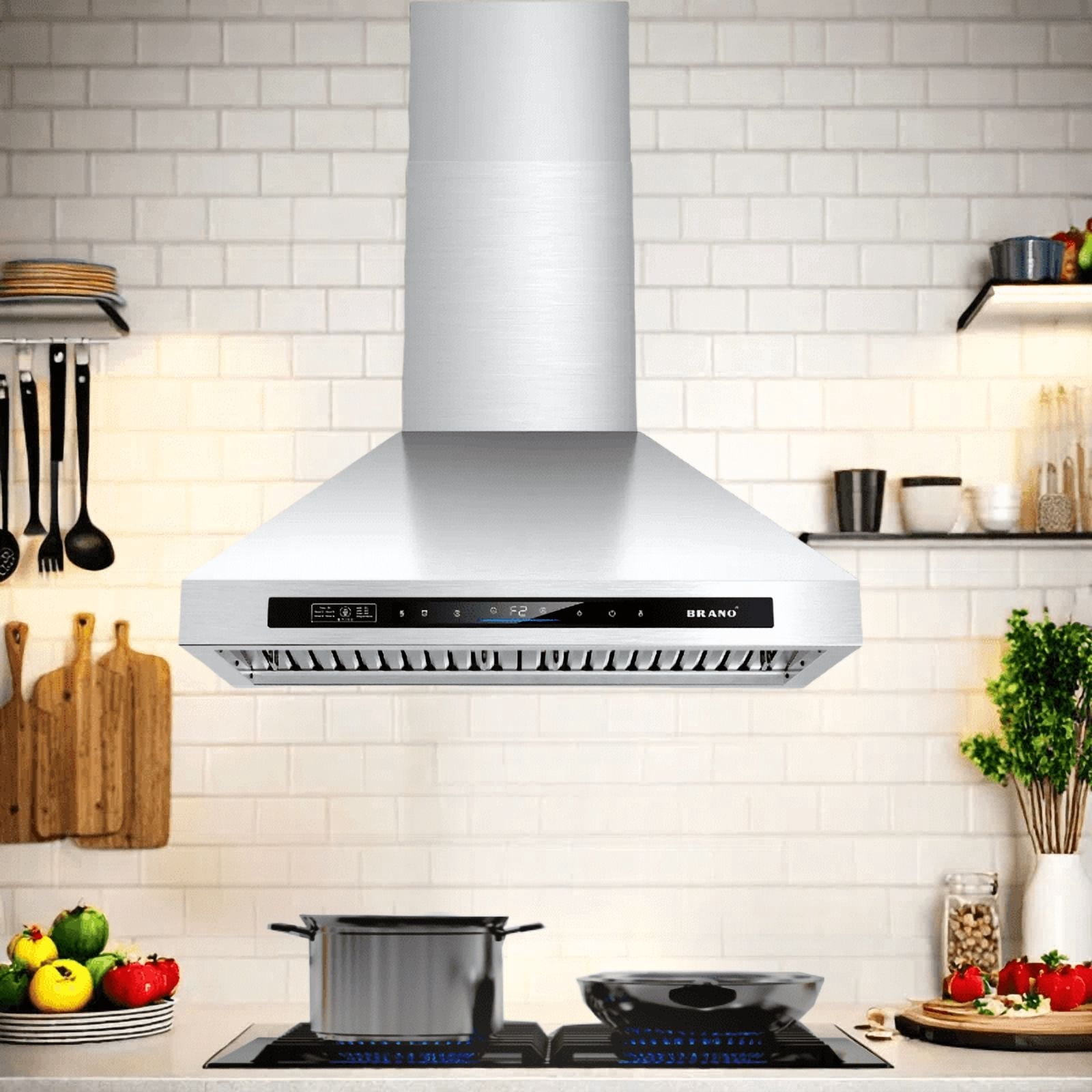 Brano 30 Inch Range Hood Wall Mount 900 CFM Ducted/Ductless Convertible Stainless Steel Vent Hood, Voice Gesture Touch Control Panel
