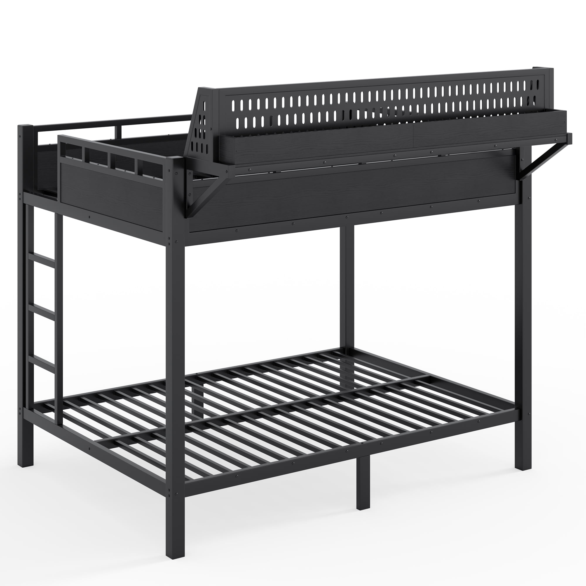 Leumius Full over Full Size Bunk Bed with Storage Shelves and Pegboard,Heavy Duty Metal Bunk Bed with USB Ports and LED Lights,Space-Saving,Black