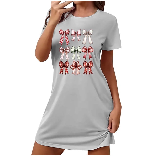 Tnhcen Pyjama Polyvalent Grande Taille Soie de Lait Robe Courte Double Face Col Rond Été Imprimé Mignon Polyester Spandex P-2TG pour Dormir/se Détendre