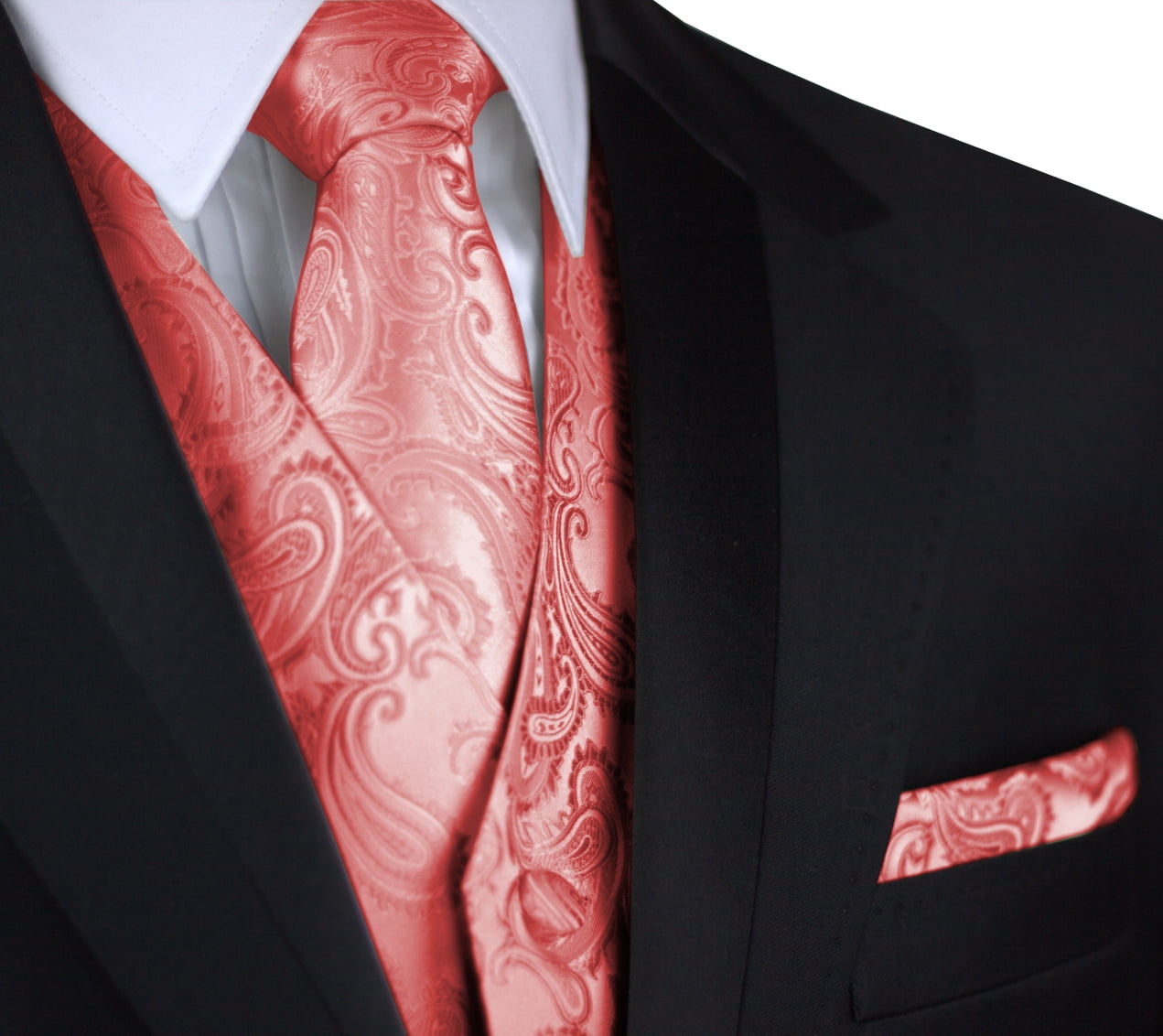 New Men's coral formal Tuxedo vest waistcoat_ poly woven necktie set wedding 