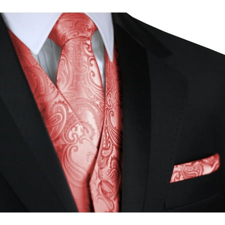 Italian Design, Men's Formal Tuxedo Vest, Tie & Hankie Set for Prom, Wedding, Cruise in Coral (Best Handkerchief Brand India)