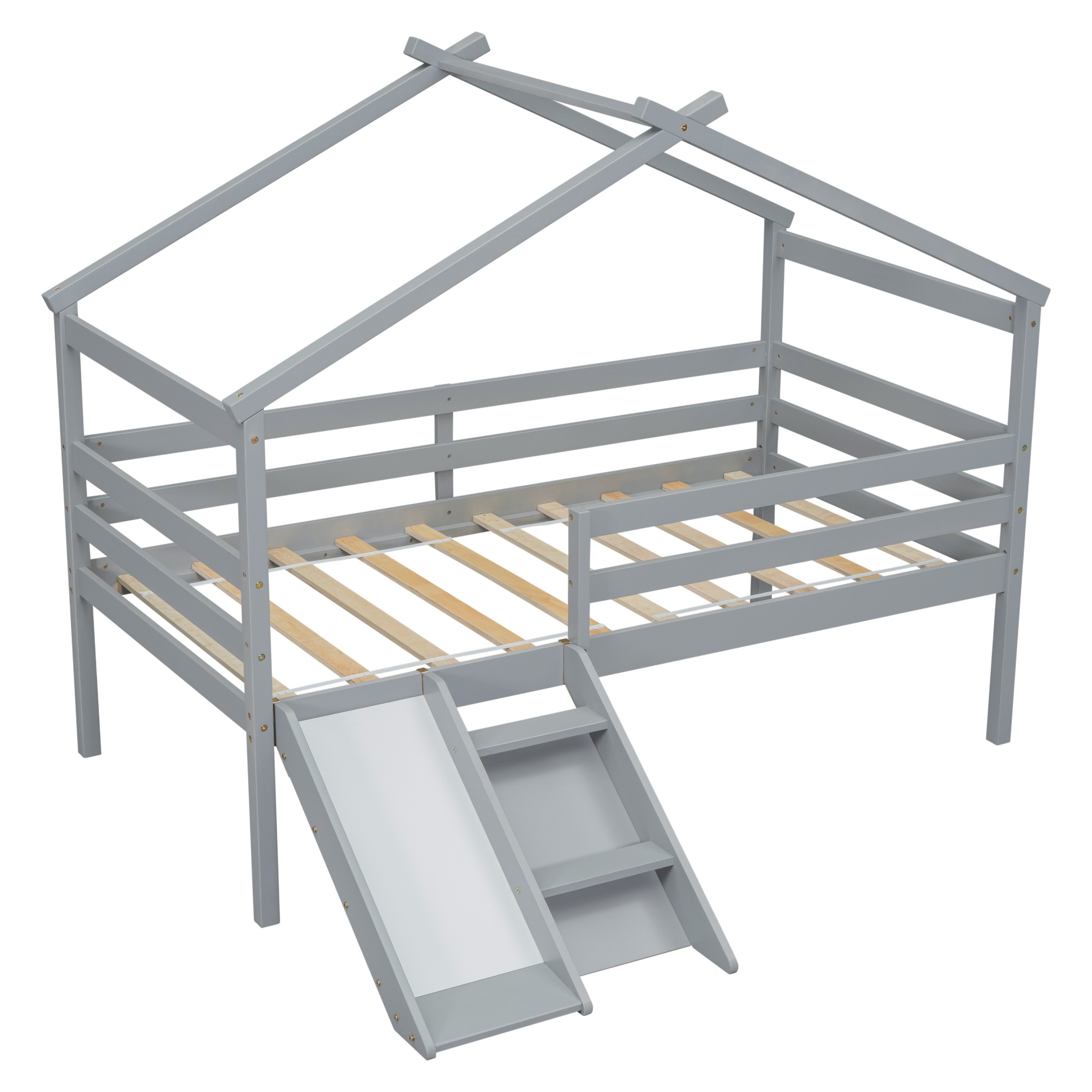 Aukfa Twin Low Loft Bed with Slide for Kids, Wood House Roof Bed Frame for Girls/Boys Bedroom, Gray