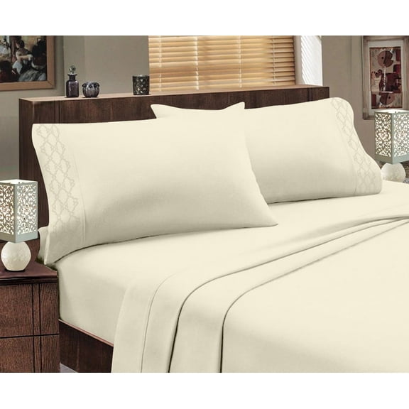 Italian Design 1800 Series Egyptian Comfort Super Soft Embroidery 4 Piece Sheet Set (King, Ivory)