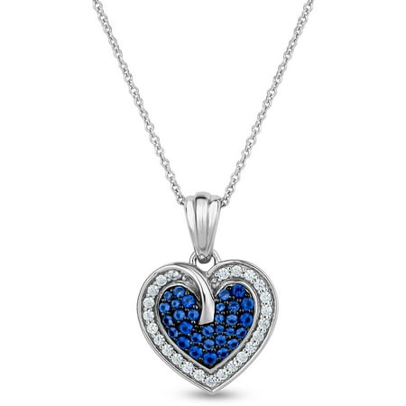 Blue Sapphire Crystal and White CZ Sterling Silver Heart Necklace, 18