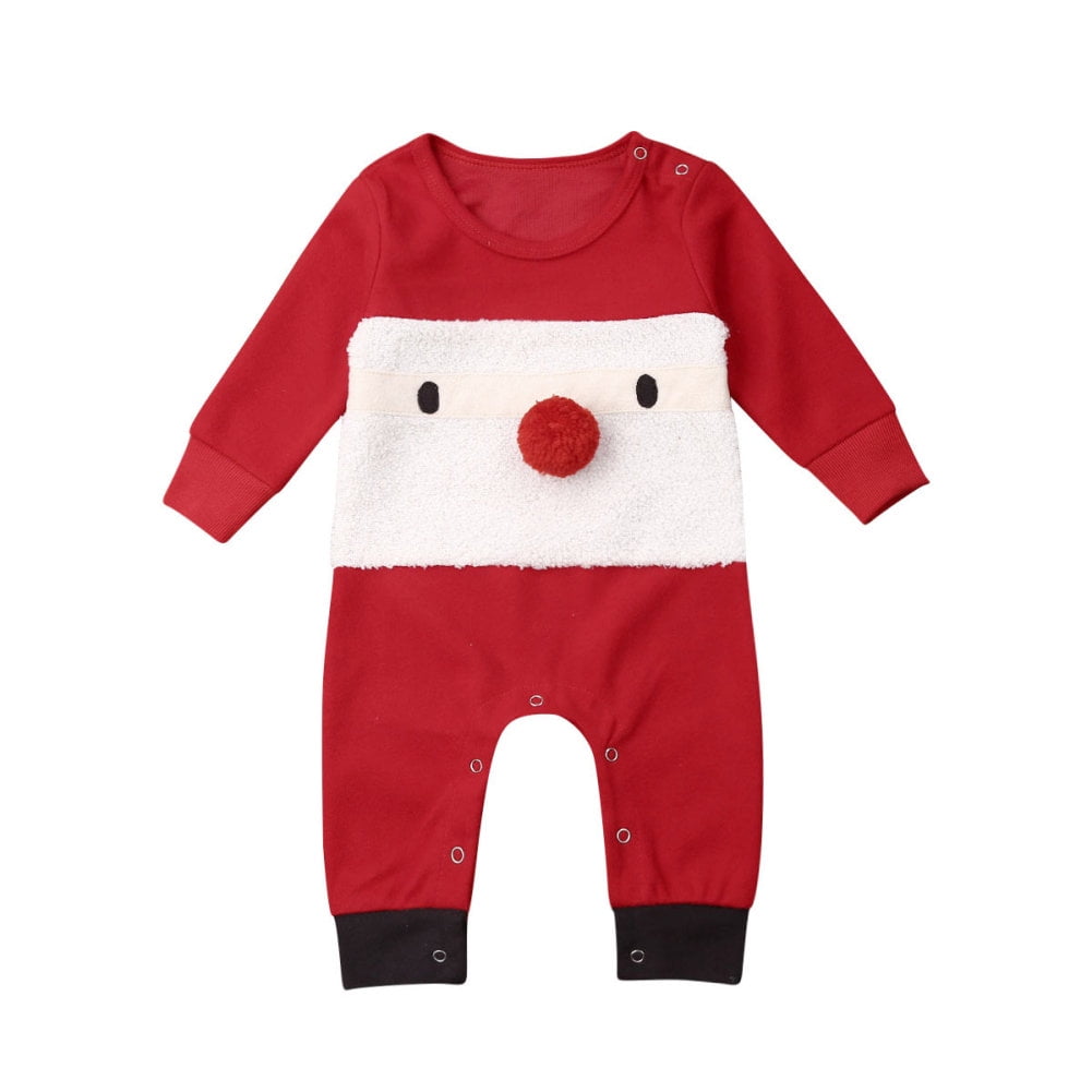 Baby Boys Girls Long Sleeve Christmas Striped Red Nose Reindeer Romper Jumpsuit