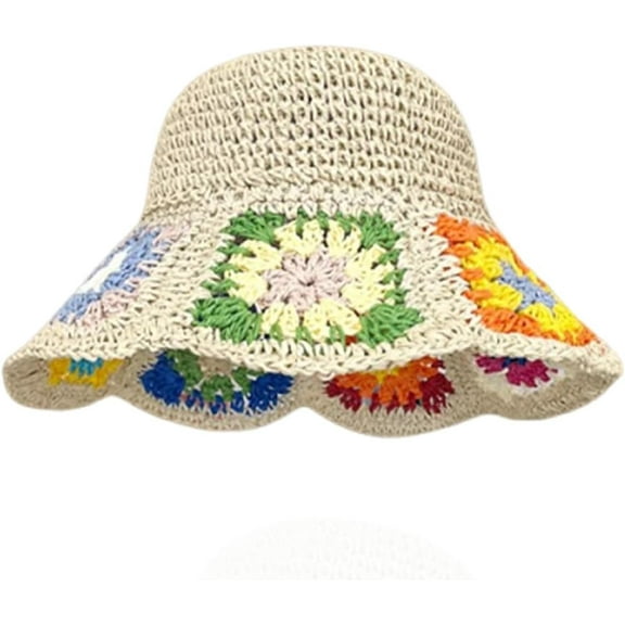 Women Sun Hats Crochet Granny Square Straw Hat Boho Floral Summer Beach Hats Hollow Out Bucket Hat
