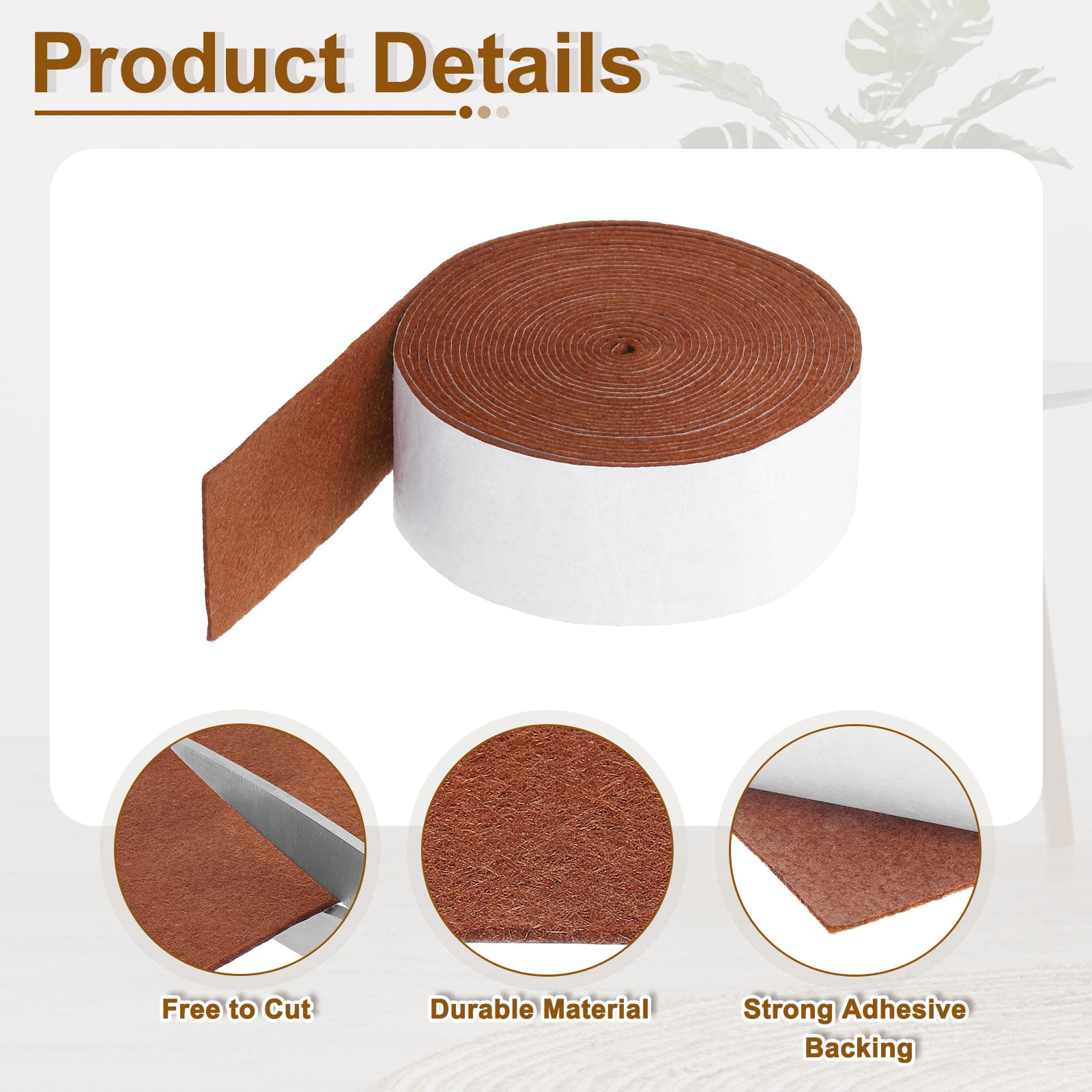Felt Strips with Adhesive Backing, 2 Pack 1-4/7" x 197" x 0.06" Adhesive Felt Strips Anti Scratch Furniture Felt Tapes Self-Stick Felt Pads for Protecting Hardwood Floor, Brown