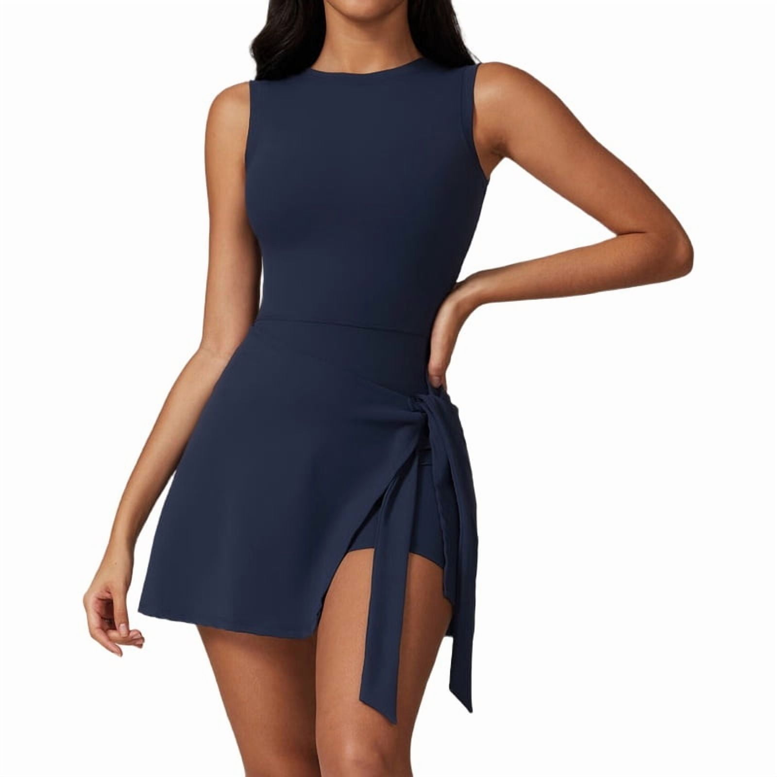 Womens High Neck Tennis Dress Sleeveless Wrap Skirt Built in Shorts Golf Athletic Dress Workout Rompers Badge Blue M