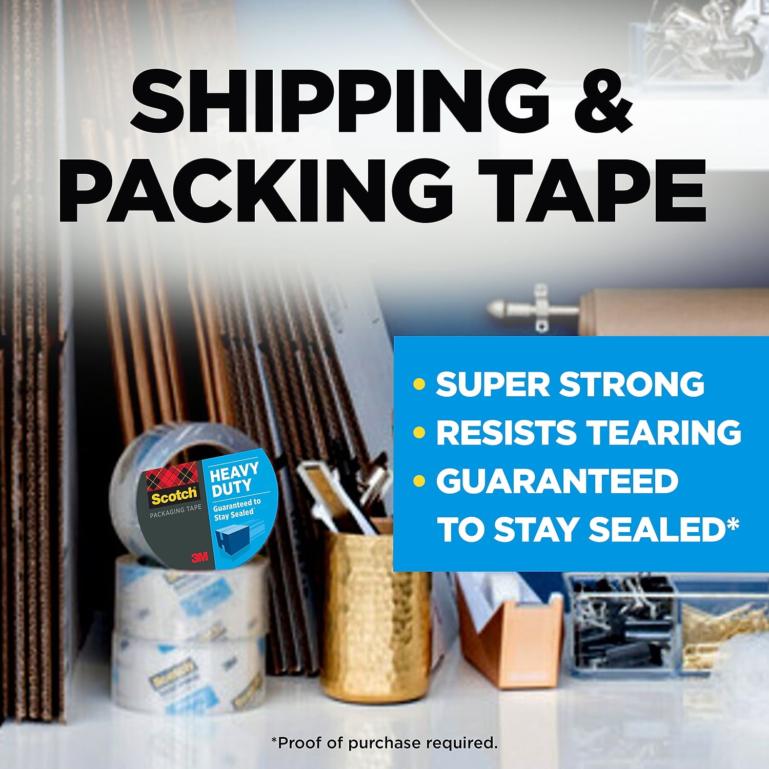 Scotch Heavy Duty Shipping Packaging Tape, 1.88" x 38.2 Yards, 3" Core, Clear, Great for Packing, Shipping & Moving, 3 Rolls (3850S-3)