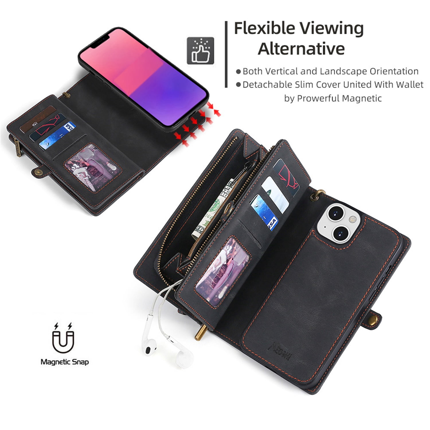 Defencase for iPhone 13 Mini Case for Women Men, Removable Durable PU Leather Magnetic Flip Strap Wristlet Zipper Purse Card Holder Detachable Wallet Phone Cases for iPhone 13 Mini, Black