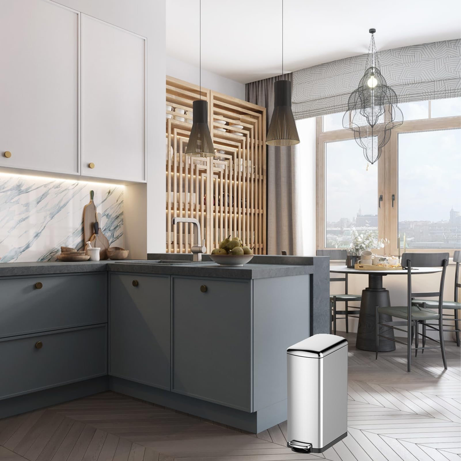 7.9 Gallon Trash Can, Slim Kitchen Trash Can with Soft Close Lid, Stainless Steel Trash Can with Removable Bucket, Rectangular Waste Bins for Kitchen, Bathroom, Office