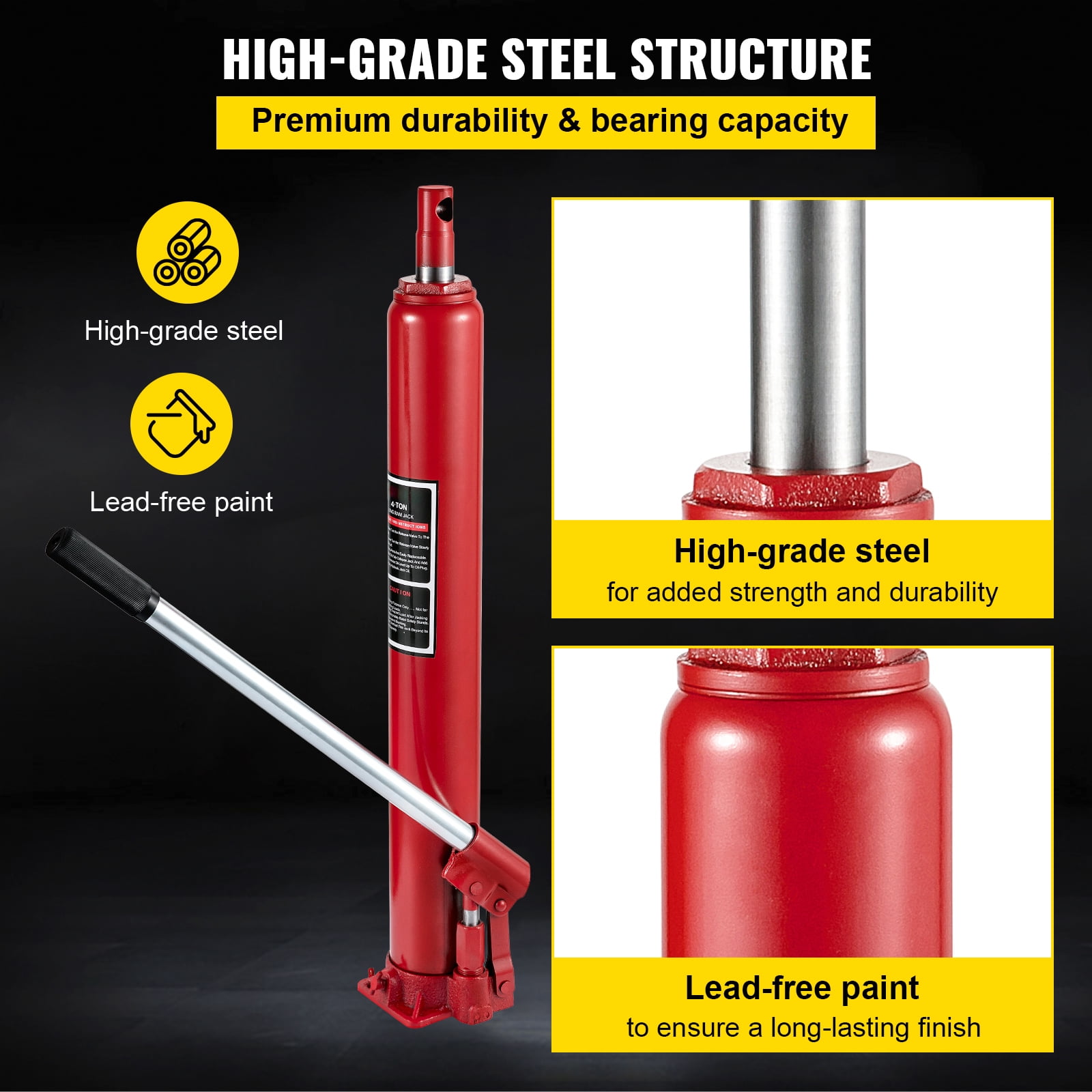 KFFKFF Hydraulic Long Ram Jack, 4 Tons Capacity, Single Piston, Flat Base, Manual Operation, Suitable for Garage Cranes, Engine Hoists, Red