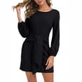 thumbnail image 2 of Vestido corto con manga larga y farol, color puro, cuello redondo, cintura con lazo, vestido de cóctel para citas, color negro, XL, 2 of 6