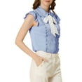 thumbnail image 4 of INSPIRE CHIC Women's Ruffled Bow Tie Peter Pan Collar Button Down Chiffon Shirt XS Blue, 4 of 7