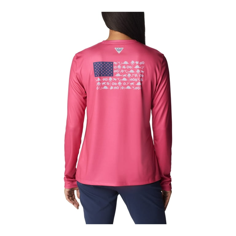 Columbia Tidal Tee PFG Fish Flag Long Sleeve Shirt (Womens, Ultra Pink/Fish  and Friends Flag, XL, One Size)