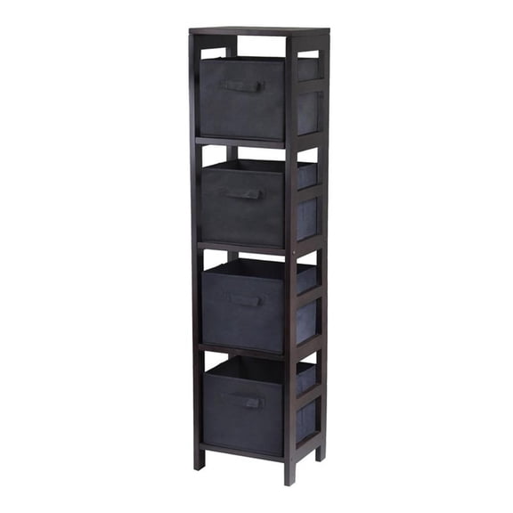 Winsome Wood Capri 5-Pc Set, Narrow Shelf & 4 Foldable Black Fabric Baskets, Espresso Finish
