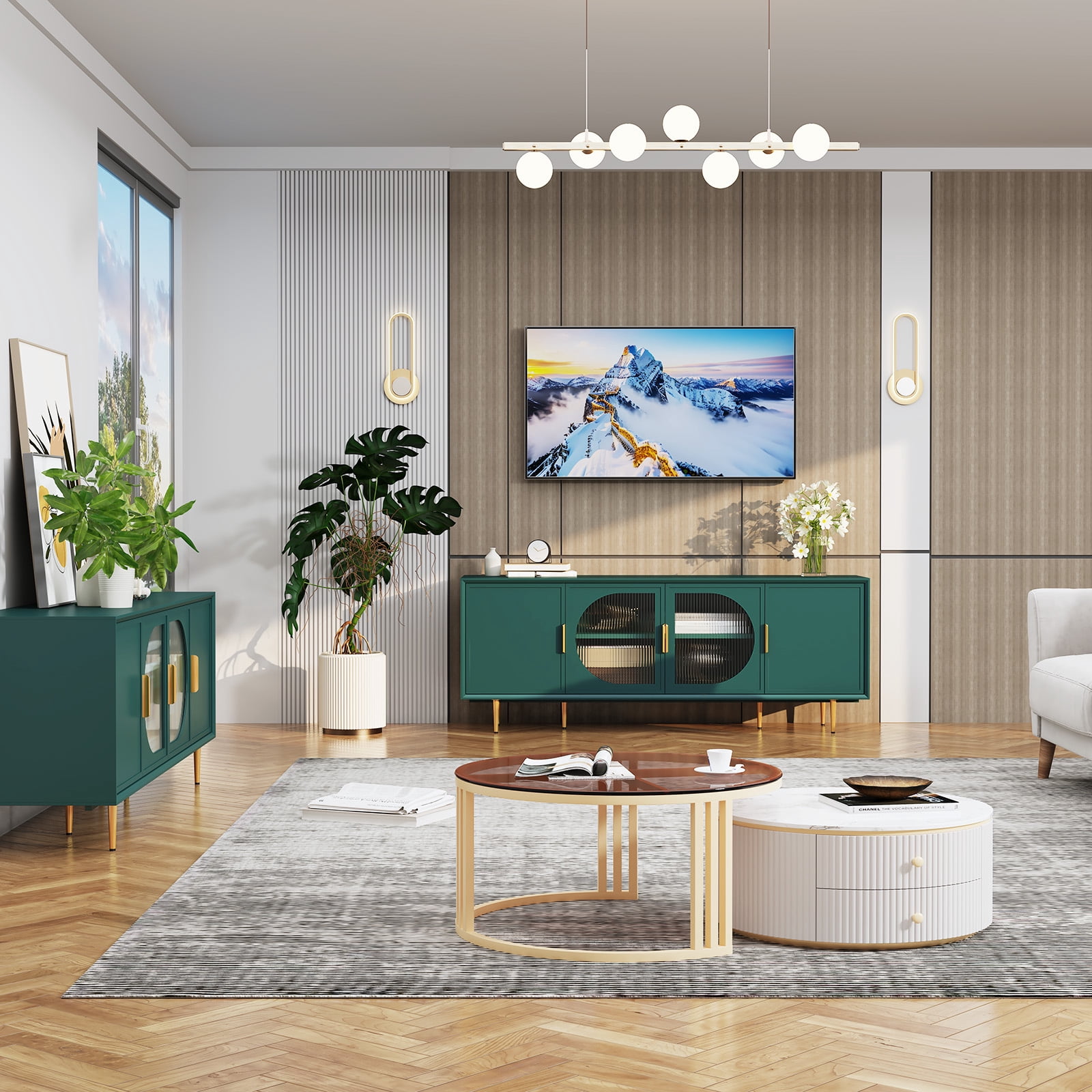 CBJCBJ 66" TV up to 75" Stand for Living Room, Entertainment Center with Glass Storage Cabinet,Green