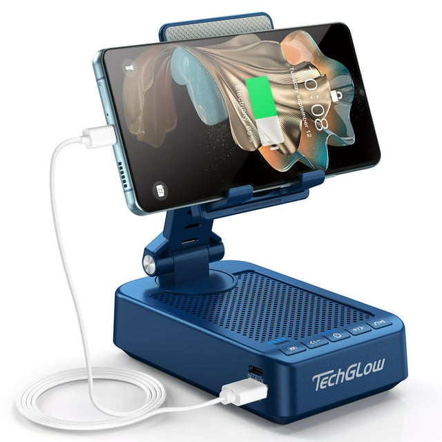 Soporte para teléfono móvil, altavoz Bluetooth, batería externa de 5000 mAh, azul