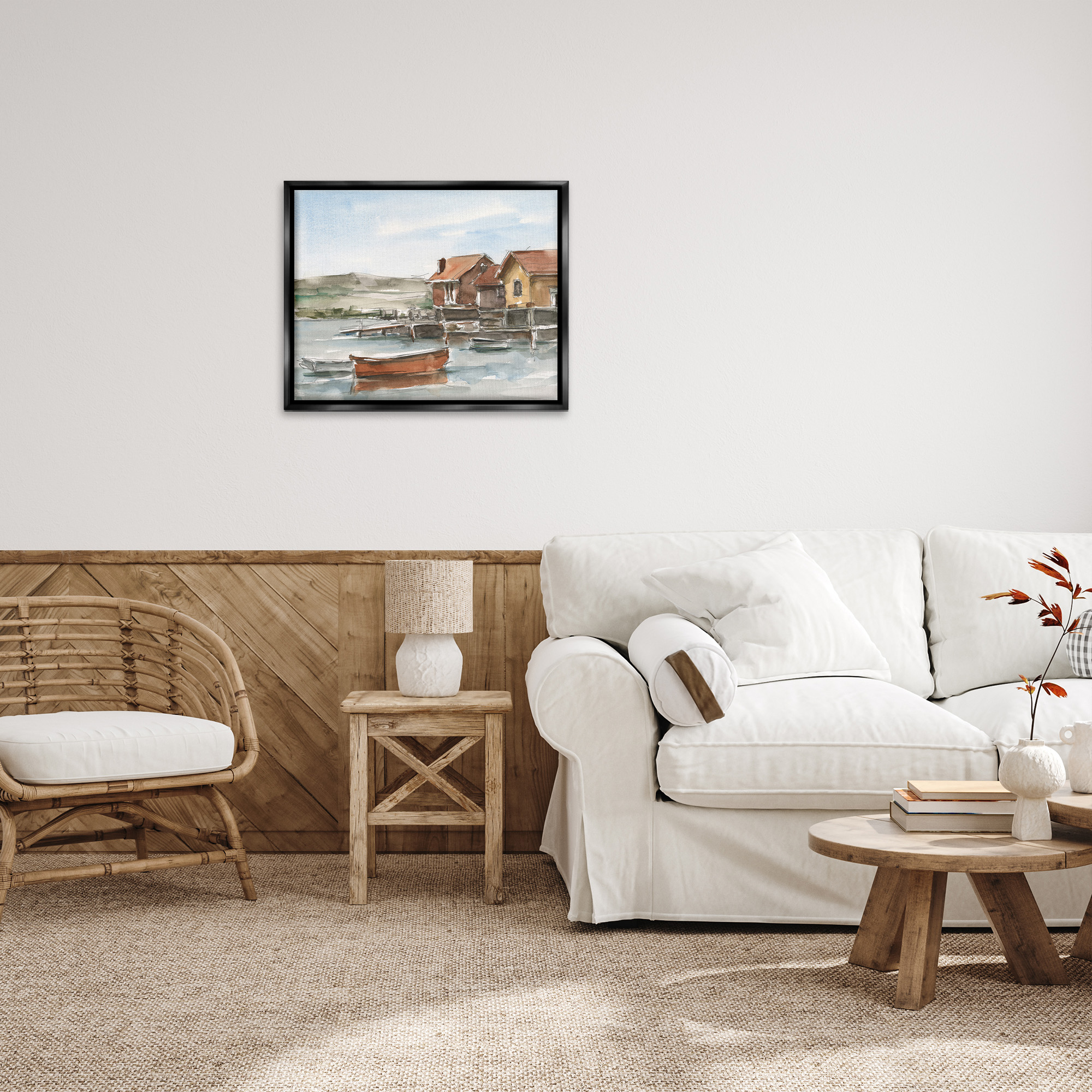 Stupell Industries Lake House Boats Landscape Painting Black Floater Framed Canvas Art Print Wall Art, 31 x 25