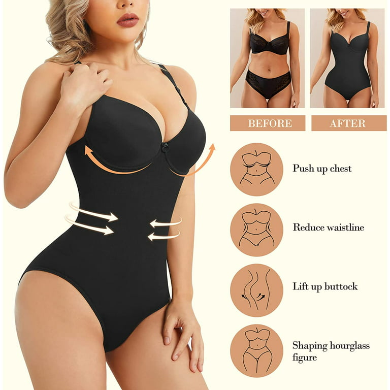 Gotoly Women V Neck Seamless Bodysuit Tummy Control Shapewear Body Shaper  Slimming Faja One Piece Built In Bra Leotard(Black XX-Large/3X-Large) 