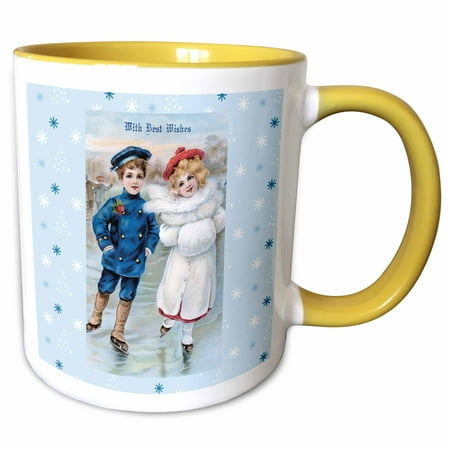 3dRose Vintage Christmas Card Young boy and Girl Iceskating With Best Wishes - Two Tone Yellow Mug,