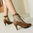 thumbnail image 2 of Women's Fashion Kitten Heel Lace Up Ankle Boots Pointed Toe Glitter Sequins Winter Fall Leather Dressy Combat Booties Brown Size 7.5, 2 of 7