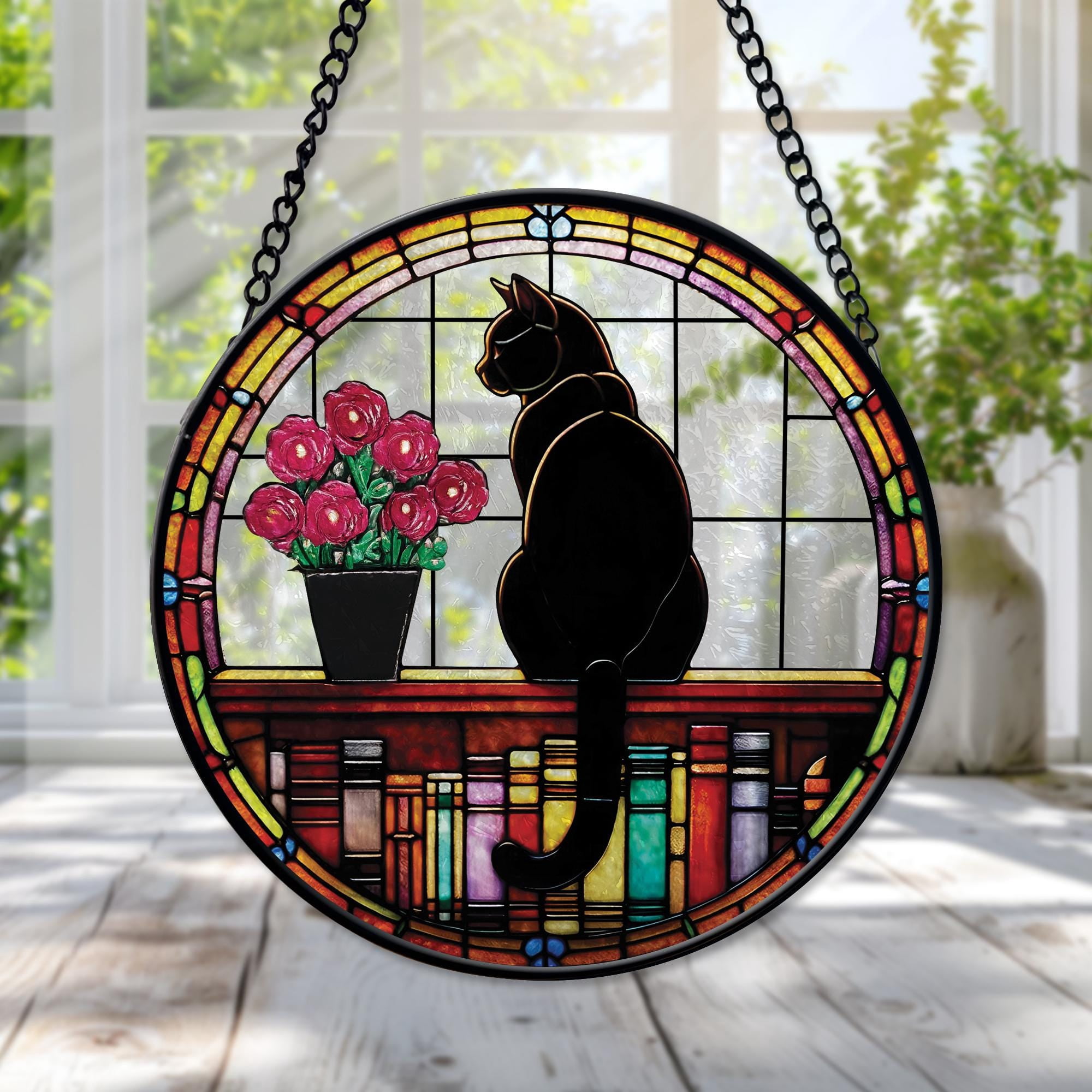 Black Cat and Book Stained Glass Suncatcher Reading Window Hanging Librarian Home Decor Cat and Book Lover Gift