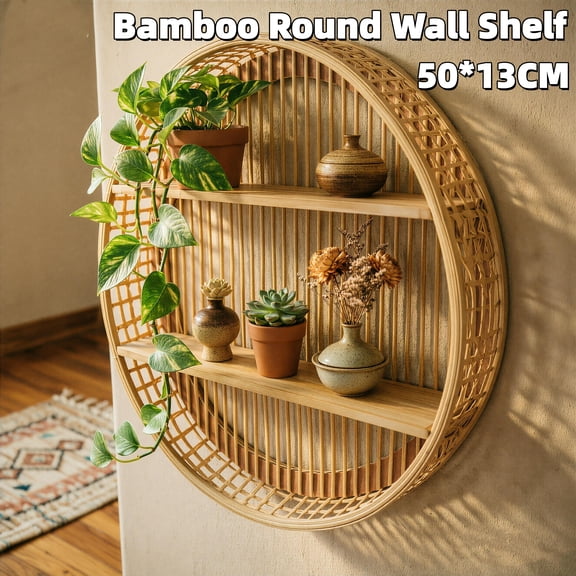 2-Tier Round Wall Shelf, Bamboo Wall-Mounted Storage Rack Display Stand for Plants Books Decor for Living Room Kitchen Bathroom Boho Decor