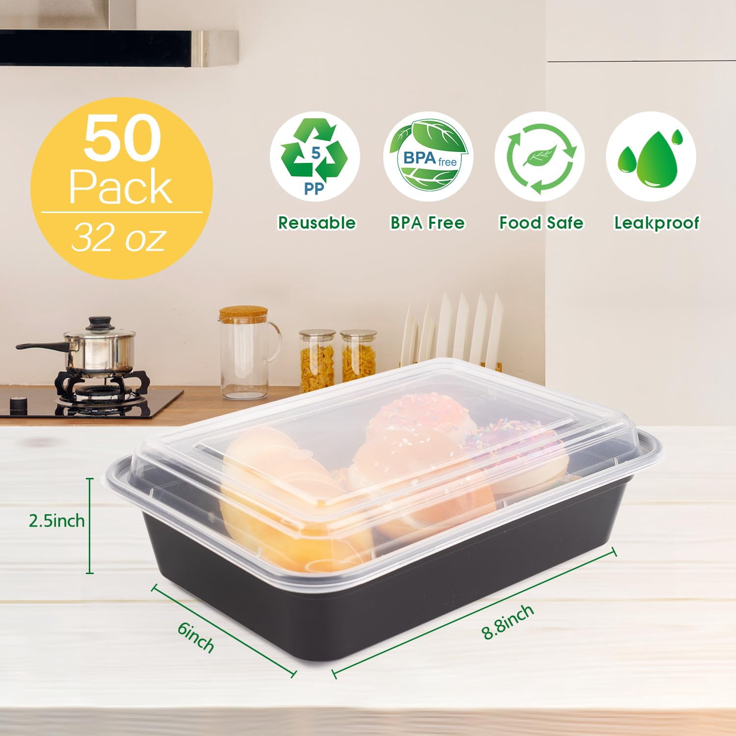 Azure Zone, 32 oz, 50-Pack Rectangular Meal Prep Food Container with Lid - One Compartment Bento Box Stackable Freezer/Microwave/Dishwasher Safe Reusable Storage Portable BPA Free C47