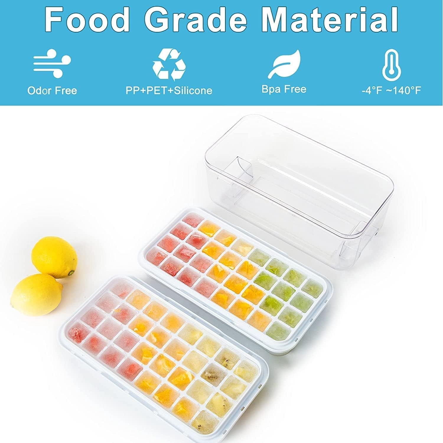 Ice Cube Tray, Ice Tray with Lid and Bin and Ice Scoop, Ice Cube Pop Out Tray, Ice Cube Trays for Freezer, Ice Cube Molds, BPA Free, Easy Release Stackble Spill-Resistant (Blue 3 Tier)