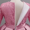 thumbnail image 5 of LEKWK Girls Princess Gown Long Sleeve Lace Satin Formal Midi Dress Bow Waist Tiered Tulle Wedding Flower Girl Dress for Pageant Host Recital Birthday Party, 5 of 8