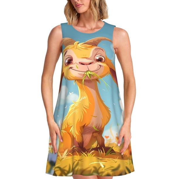 Easygdp Happy Goat In Meadow para Vestido Transpirable de Mujer, Vestido Suelto de Manga Corta con Pliegues y Bolsillos para el Verano
