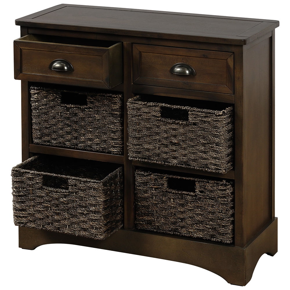 Lowestbest Rustic Storage Cabinet, Buffet Storage Cabinet with Four Classic Fabric Basket, Sideboard Entryway Table with 2Drawers for Kitchen Room, Dark Brown