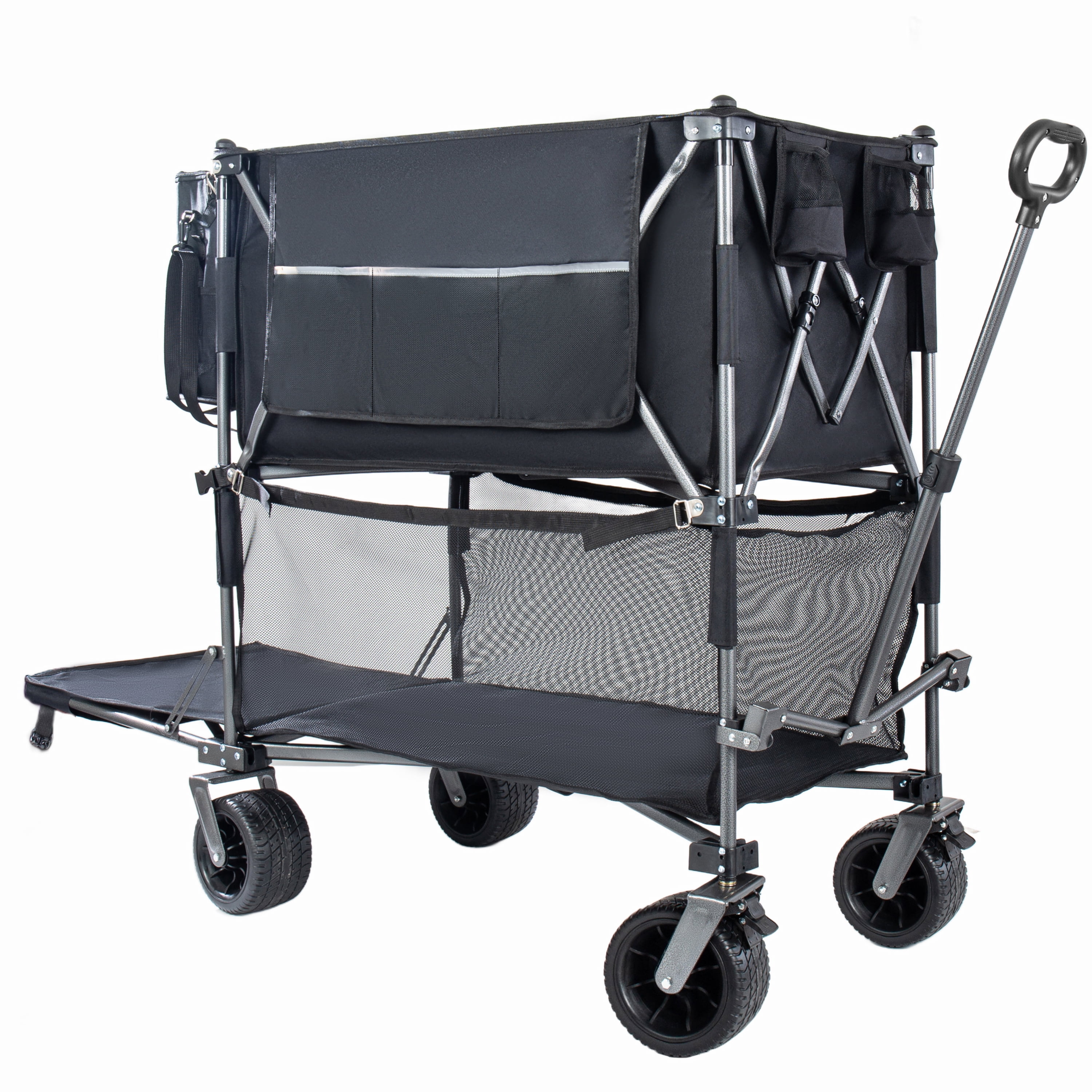 55" Heavy Duty Double-Layer Wagon, Black 560LBS Capacity, 650L Collapsible Cart with 7"×4" All-Terrain Wheels, for Sports/Camping/Fishing/Transport