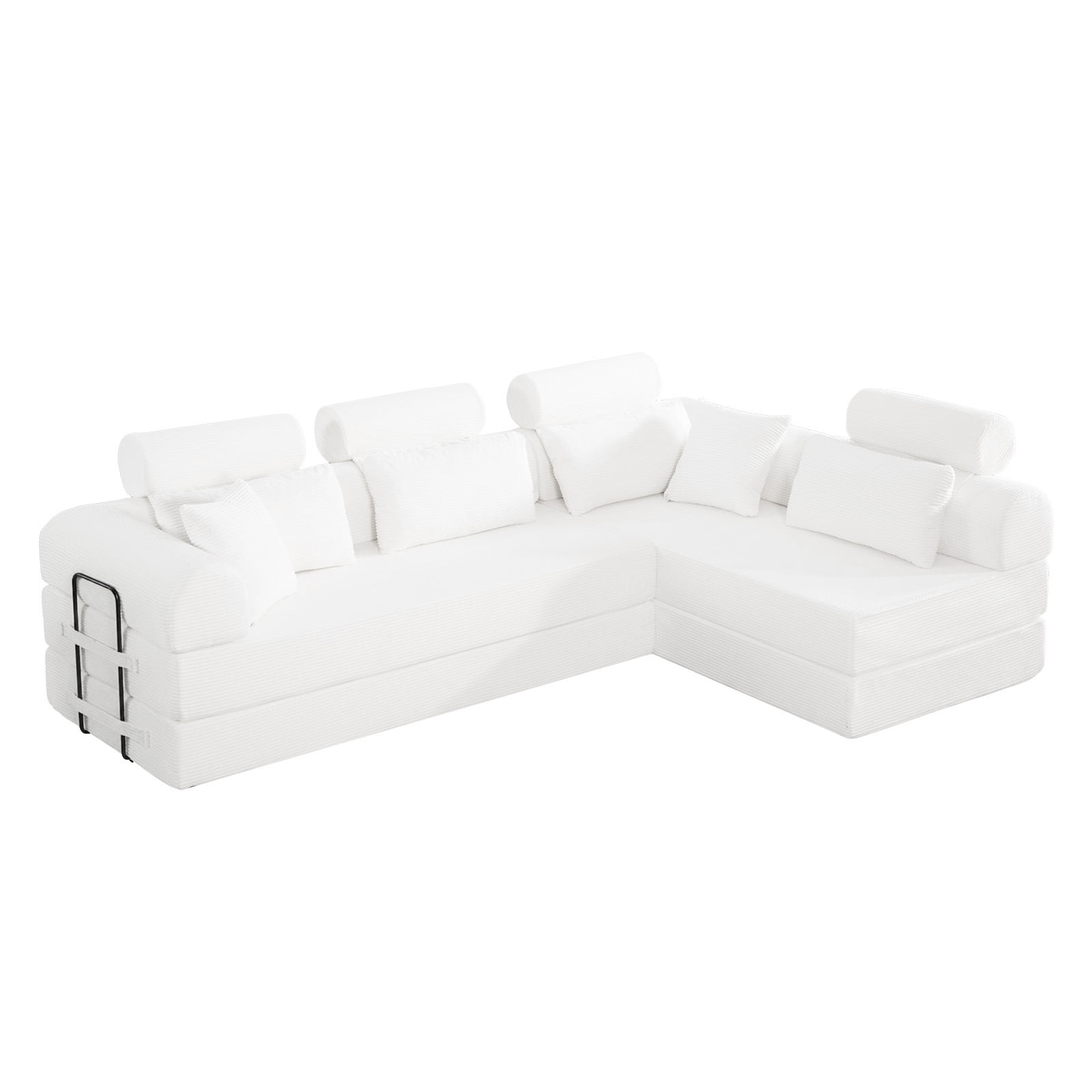 L-Shaped Sectional Sofa Converts to Bed, Corduroy Chaise Lounge with 28D High-Density Foam, No Assembly Compressed Couch for Apartments and Studios, Beige