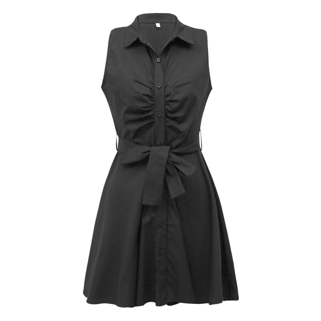 Txlixc Vestido de Mujer, Color sólido Sin Mangas Cuello Doblado Abotonado Delgado en Forma de A, Vestido Suelto con cinturón para la Playa, Vacaciones Txlixc Estilo de ocio