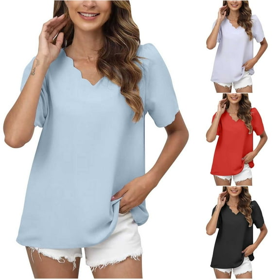 HAPIMO Women's Chiffon Loose Basic Tops Tunic Satin Silk Solid Color Short Sleeve V Neck Shirts Elegant Casual Workout Tops for Teen Girls Summer Tees Trendy Black L