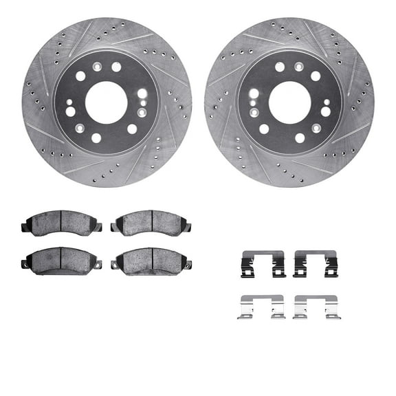 Dynamic Friction Company Front Brake Rotors-Drilled and Slotted-Silver with Heavy Duty Brake Pads includes Hardware 7212-48026