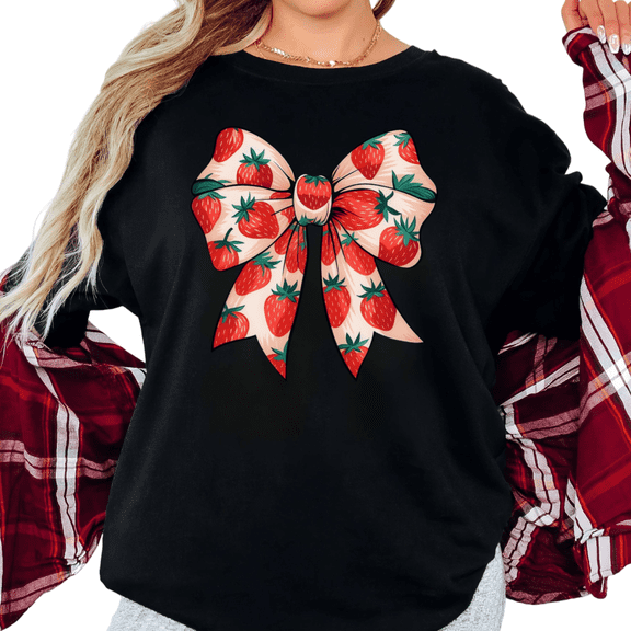 Women's Strawberry Pattern Bow Graphic Coquette Sweet Comfortable T Shirt Short Sleeve Round Neck Top Black S-5XL